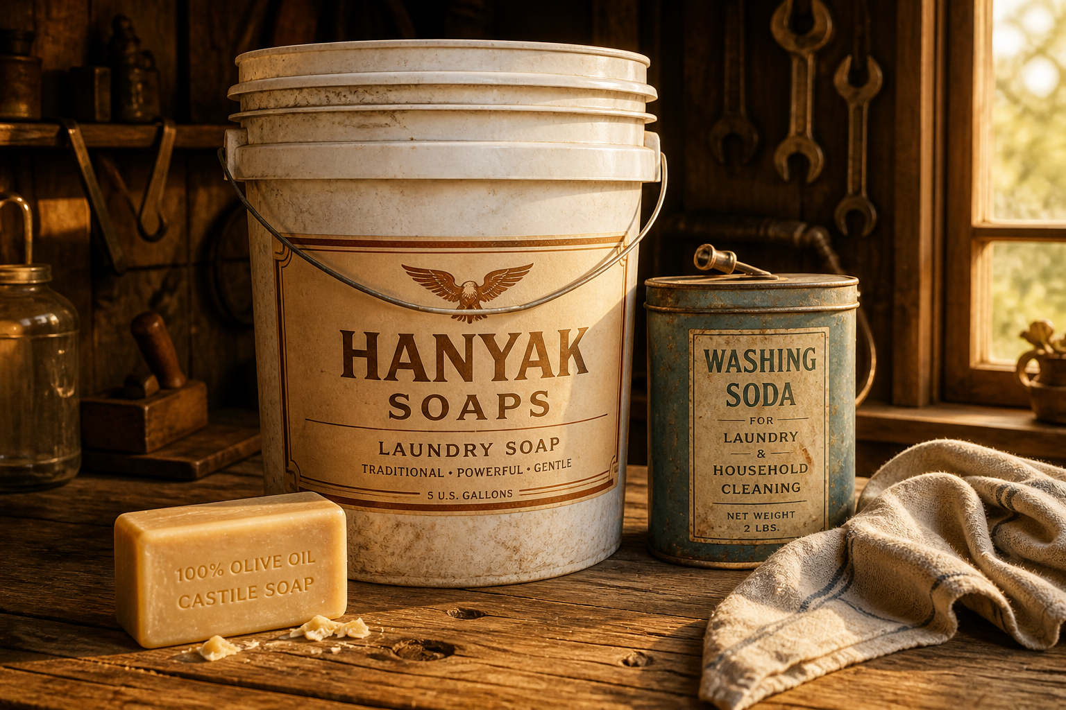 Hanyak five-gallon bucket on a garage workbench